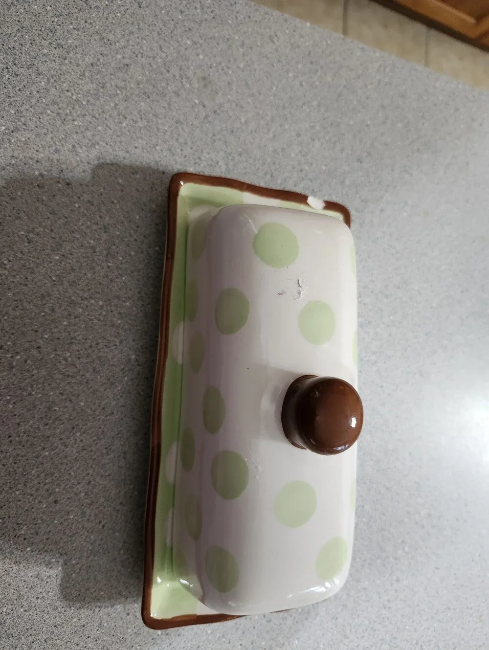 Polka Dot Ceramic Butter Dish in White & Light Green. Paula Deens Crazy Dot.